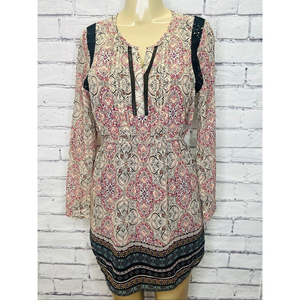 Anthropologie Maeve Womens Cream Phoenicia Pleated Boho Mini Dress Size Small